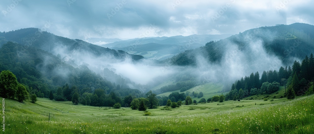Serene Misty Mountain Landscape with Rolling Hills and Dense Forest under Cloudy Sky Serene Misty Mountain Landscape with Rolling Hills and Dense Forest under Cloudy Sky