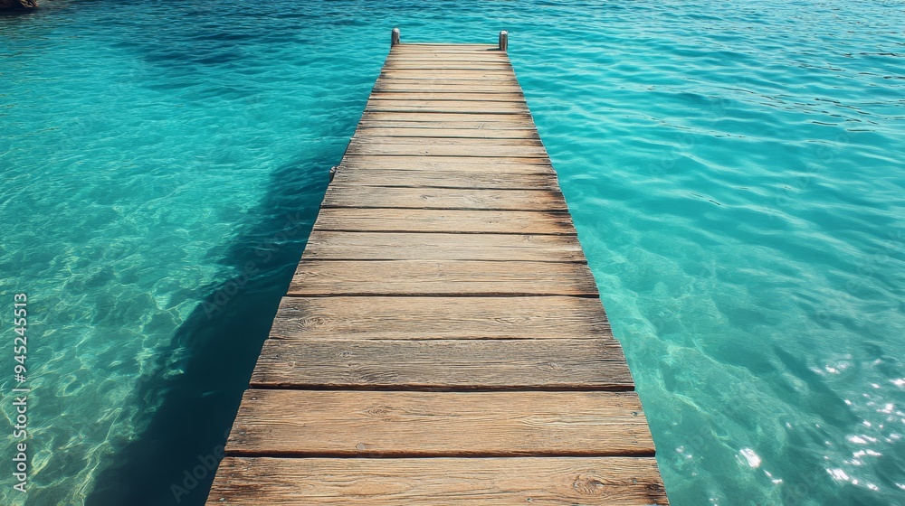 Fototapeta premium Wooden pier reaching into turquoise waters of Illetes beach in Formentera, one of the Balearic islands in the Mediterranean Sea.