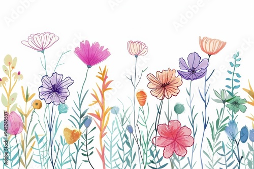 Whimsical meadow wildflowers and foliage in intricate line art, adorned with colorful floral branches, vector illustration on white background