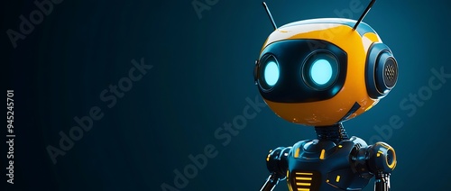 a robot happy and looking to the side on a dark blue background with copy space