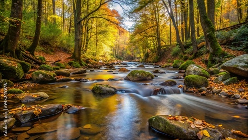 6. A narrow Catawba River tributary flowing gently through the shaded woods, smooth rocks and fallen leaves lining the stream, a realistic photo image. photo