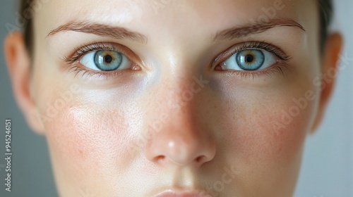 A close-up of a woman's face, showing the before and after effects of weight loss, with a noticeable reduction in facial fullness and a more defined cheekbone structure photo