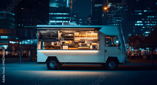 A White Food Truck with an Open Kitchen Area on the Side, Featuring a Fully Equipped Cooking Space and a Service Window, Ideal for Street Food Vendors and Mobile Cuisine, Showcasing a Practical and Fu