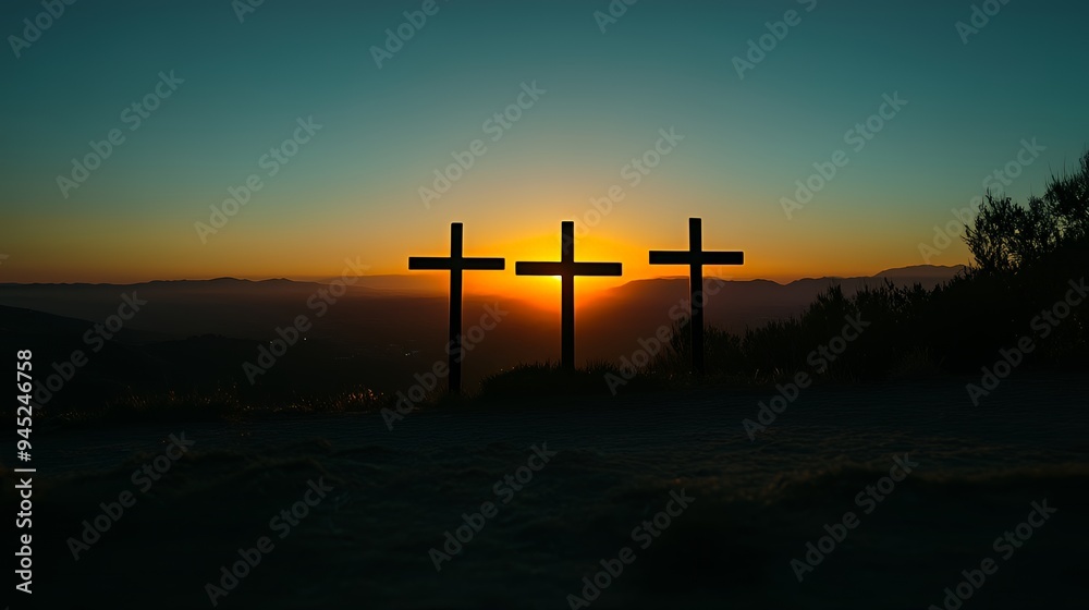 Three silhouetted crosses against a vibrant sunset, symbolizing faith and reflection.