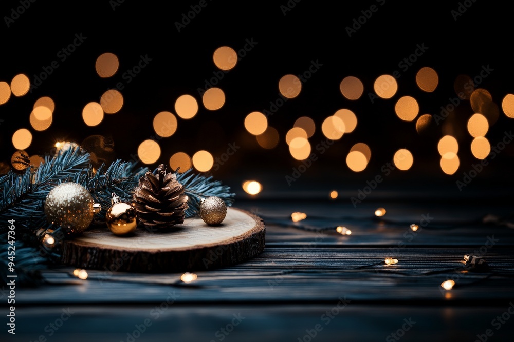 A charming scene with a pinecone and gold ornaments arranged on a wooden base, surrounded by fairy lights and green pine branches, creating a warm and minimalist festive display. A charming scene with a pinecone and gold ornaments arranged on a wooden base, surrounded by fairy lights and green pine branches, creating a warm and minimalist festive display.