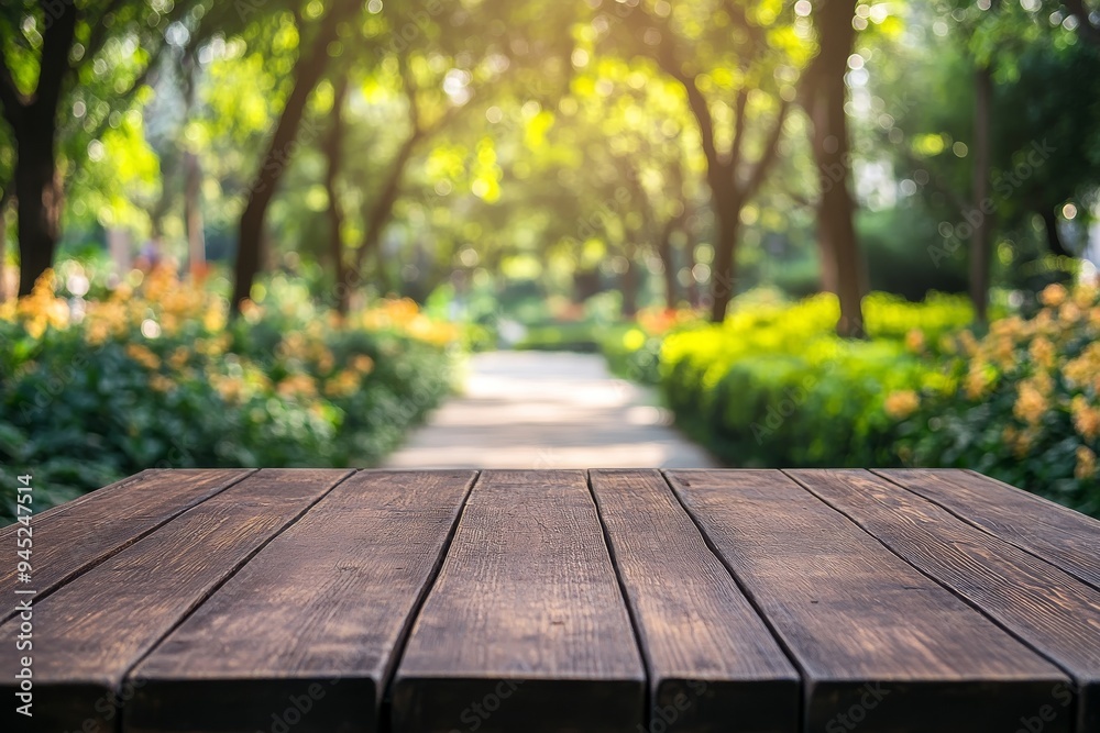 Mockup template with an empty wooden table and garden bokeh for a catering or food background with a country outdoor theme.