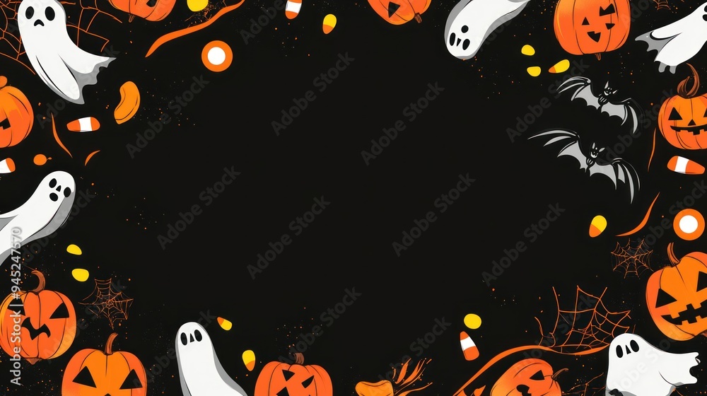 Picture a Halloween wallpaper with a dark black background and orange borders framing the image. Classic Halloween symbols like pumpkins and bats line the sides, while candy corn and scary ghosts are Picture a Halloween wallpaper with a dark black background and orange borders framing the image. Classic Halloween symbols like pumpkins and bats line the sides, while candy corn and scary ghosts are