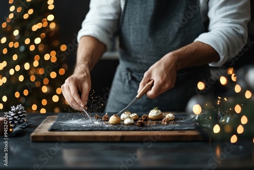 A chef in an apron adds a final touch of seasoning to delicately prepared festive dishes, with a cozy background adorned with warm, twinkling holiday lights.