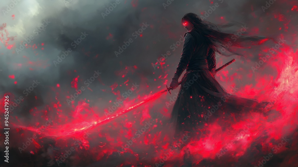 Anime style Mysterious Dark Warrior with Glowing Red Eyes and Fiery ...