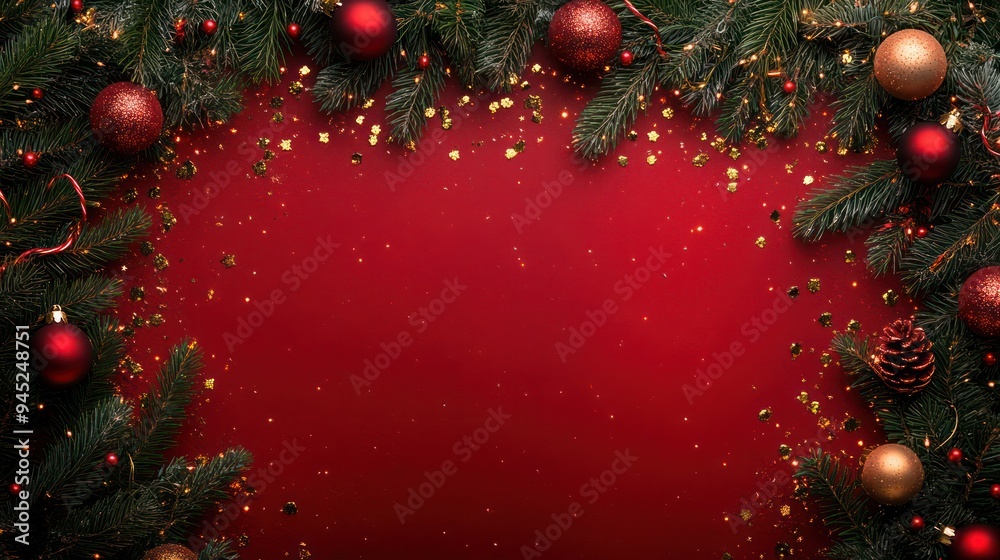 Over view flat flame christmas decoration border with fir branches and golden glitter confetti on red background Over view flat flame christmas decoration border with fir branches and golden glitter confetti on red background
