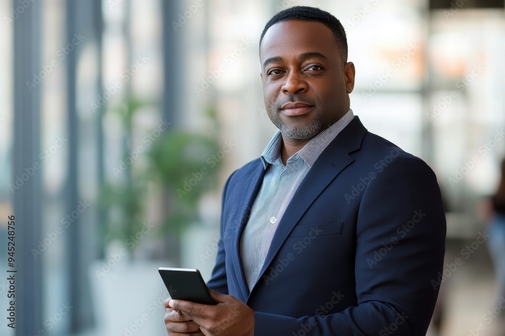 Fototapeta premium Confident African American Man in Stylish Dark Blue Suit Holding Digital Device with Serious Yet Approachable Expression