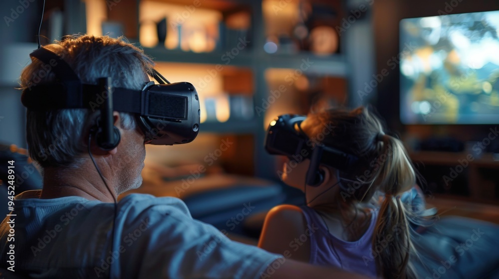 Elderly Man and Child with VR Headsets Immersed in Virtual Reality Elderly Man and Child with VR Headsets Immersed in Virtual Reality
