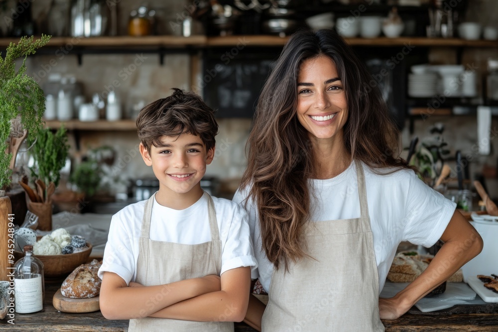 A smiling mother and her young son stand side by side in a warmly lit kitchen, both wearing aprons, suggesting a shared joy in cooking or baking together. A smiling mother and her young son stand side by side in a warmly lit kitchen, both wearing aprons, suggesting a shared joy in cooking or baking together.