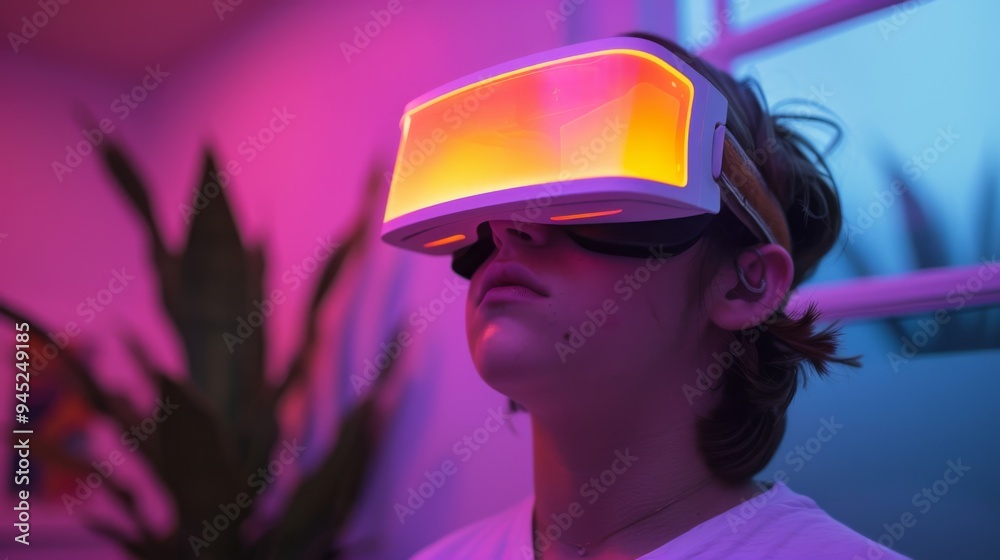 Person using VR headset in colorful room Person using VR headset in colorful room