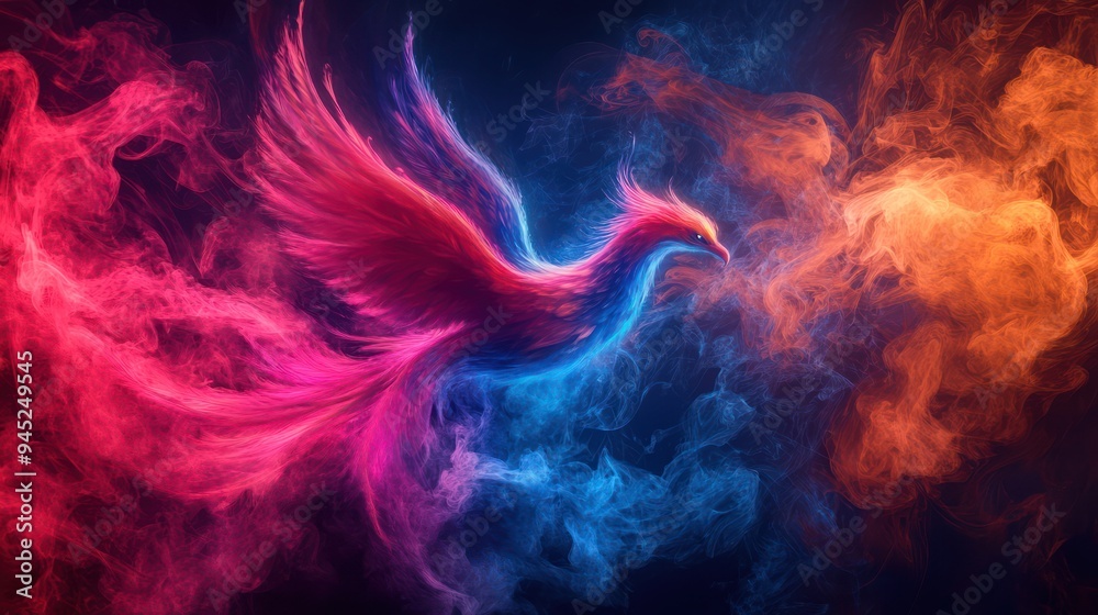 phoenix bird made out of neon smoke, neon colour scheme phoenix bird made out of neon smoke, neon colour scheme