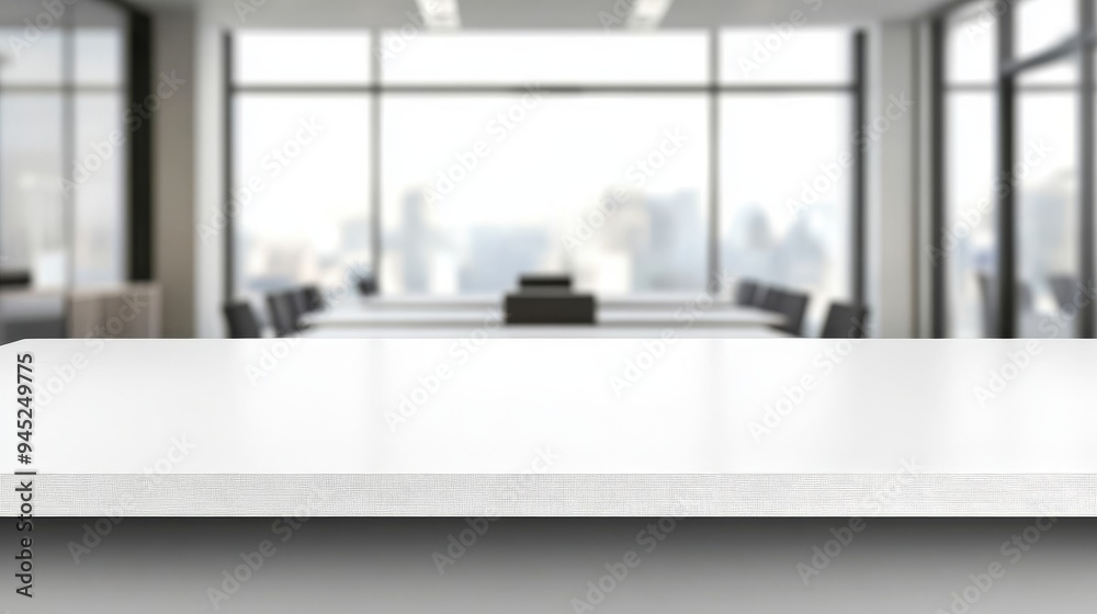 The background of the photo is a blurred bokeh office interior space and a white wood tabletop The background of the photo is a blurred bokeh office interior space and a white wood tabletop