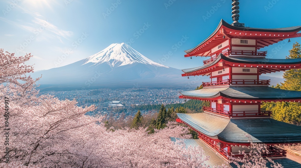Fototapeta premium Red pagoda in Chureito with the beautiful Mount Fuji and cherry blossoms