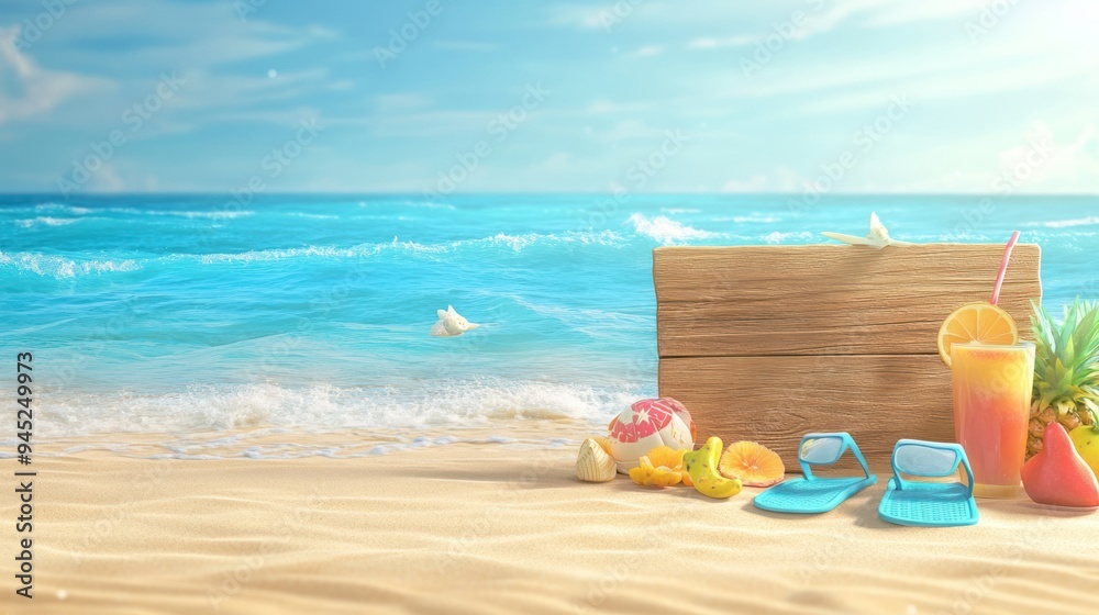 Sunny beach paradise with a framed board against a tropical ocean backdrop Sunny beach paradise with a framed board against a tropical ocean backdrop