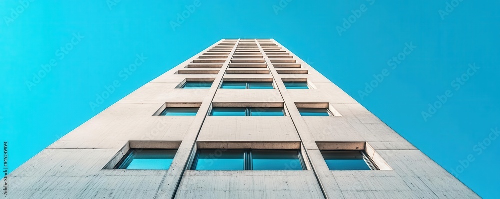 Obraz premium A Neo Brutalist skyscraper with massive concrete facades and a sharp, angular profile, Neo Brutalism, skyscraper, concrete