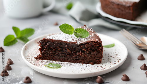 Piece of tasty chocolate cake and mint on white plate, closeup