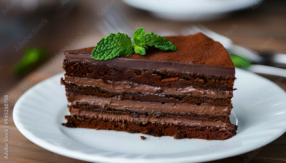 Piece of tasty chocolate cake and mint on white plate, closeup Piece of tasty chocolate cake and mint on white plate, closeup