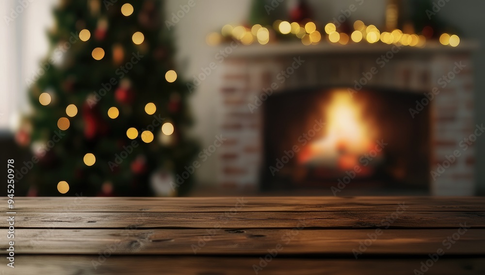Rustic Wooden Tabletop with Festive Christmas Background and Fireplace Rustic Wooden Tabletop with Festive Christmas Background and Fireplace
