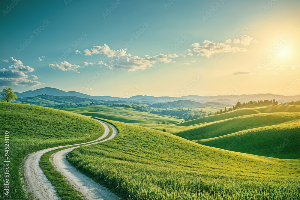 Winding dirt road through rolling green hills under a sunset in country side Winding dirt road through rolling green hills under a sunset in country side