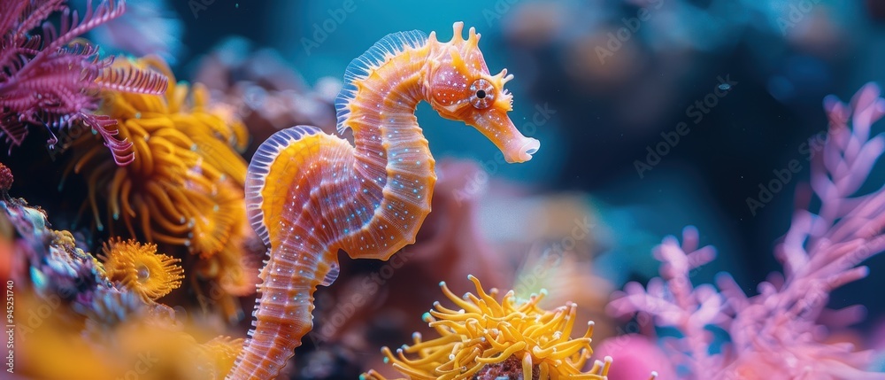 Vibrant Close-Up of a Graceful Seahorse Surrounded by Colorful Coral Reef in the Ocean Depths Vibrant Close-Up of a Graceful Seahorse Surrounded by Colorful Coral Reef in the Ocean Depths