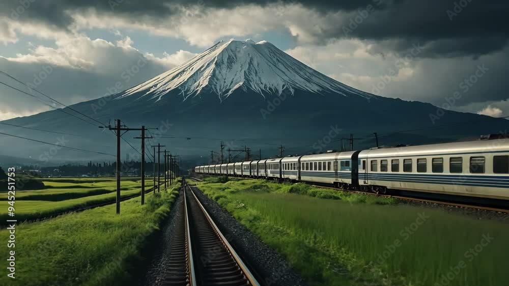 Video footage of train moving along tracks, heading toward the viewer,background stands majestic Mount framed by a dramatic sky