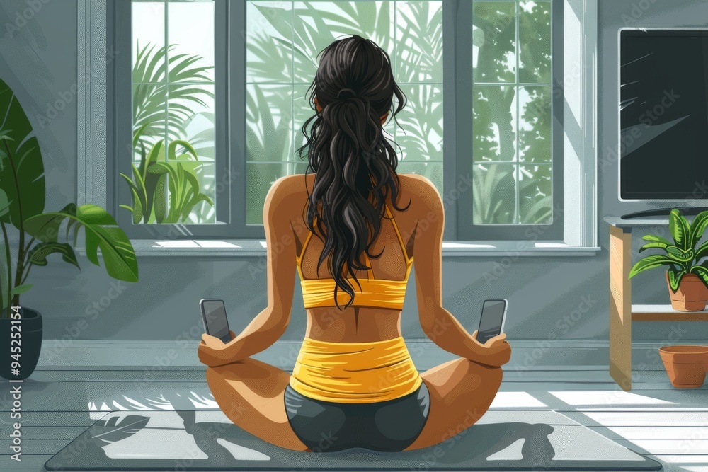 A woman in fitness wear sits on the floor in a lotus pose and listens to a relaxing music in an apartment with a back A woman in fitness wear sits on the floor in a lotus pose and listens to a relaxing music in an apartment with a back