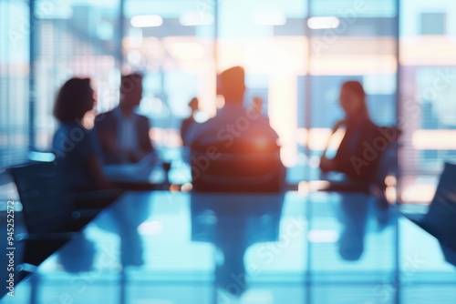 Unrecognizable businesspeople having a meeting at a boardroom table in an office Defocused group of a unrecognizable businesspeople having a meeting together around a table in the boardroom of an offi photo