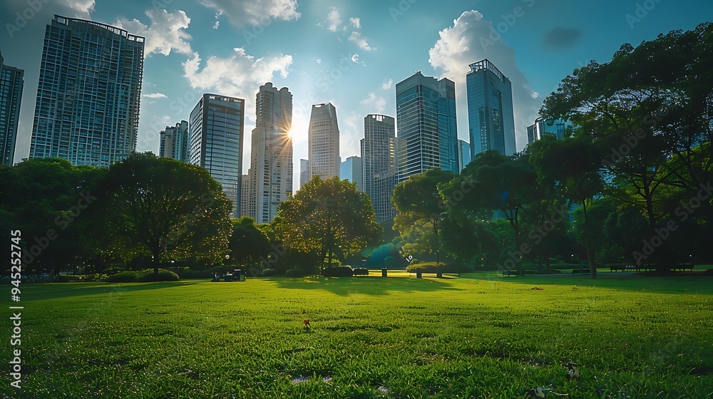 Obraz premium Urban Oasis: Skyscrapers and Lush Greenery