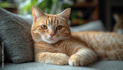 A ginger cat lays on a grey couch, looking directly at the camera.