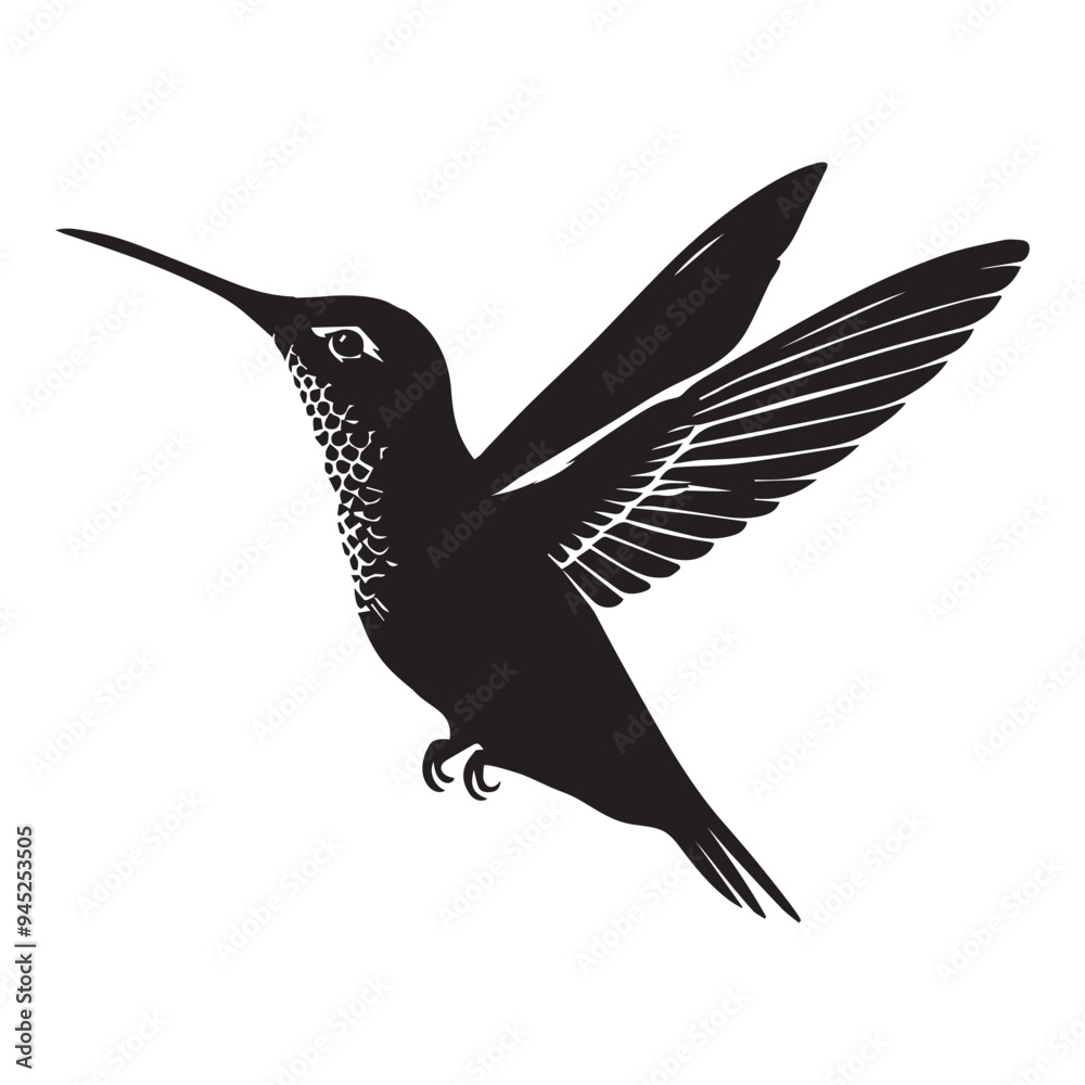 Fototapeta premium Hummingbird Silhouette Design, Calypte anna Clipart Design, Anna's hummingbird in a courtship display Illustration in black and white