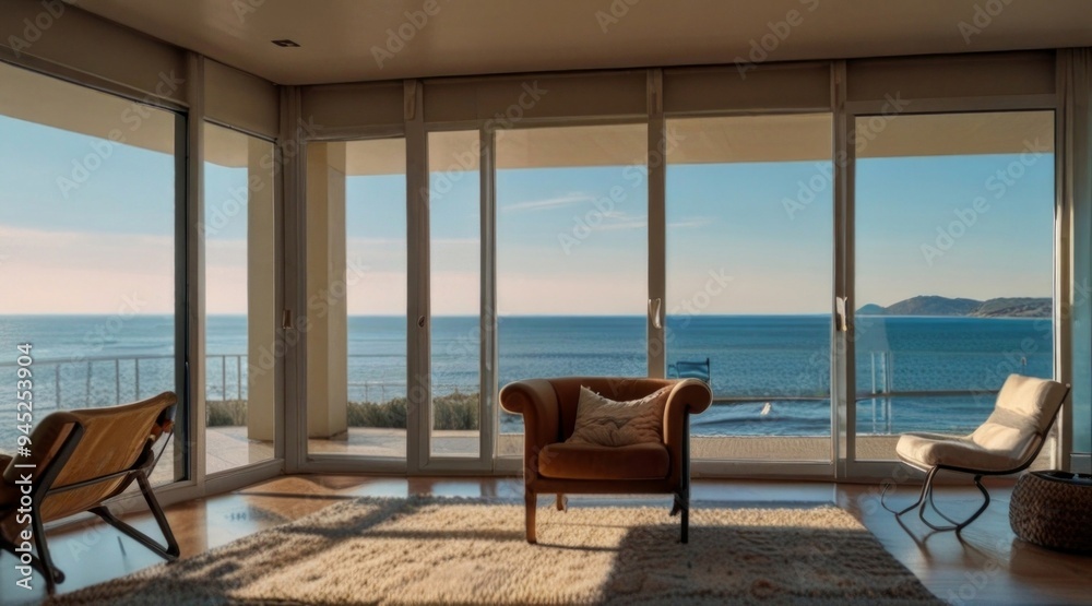 Fototapeta premium A modern living facing large windows with an ocean view, creating a serene and luxurious atmosphere. AI generated. 
