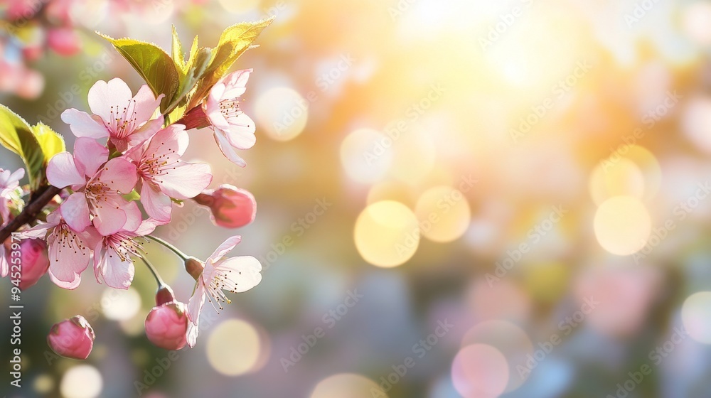A pink cherry tree blossom blooms in an Easter sunrise background for a Mother's Day photo. A pink cherry tree blossom blooms in an Easter sunrise background for a Mother's Day photo.