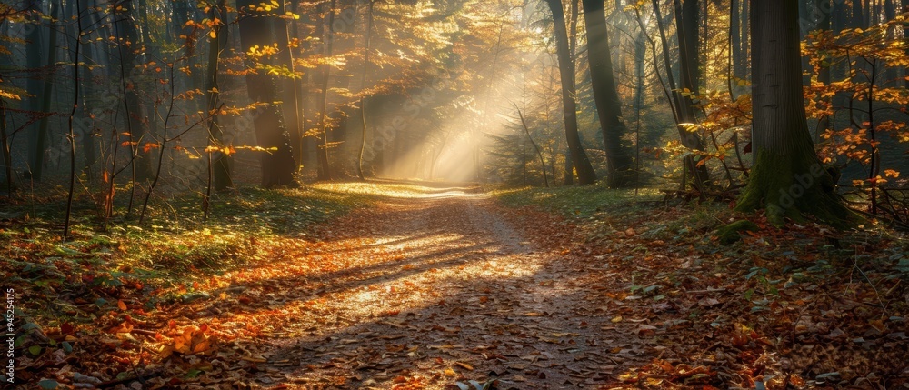 Tranquil Autumn Forest Path with Sunlight and Fallen Leaves