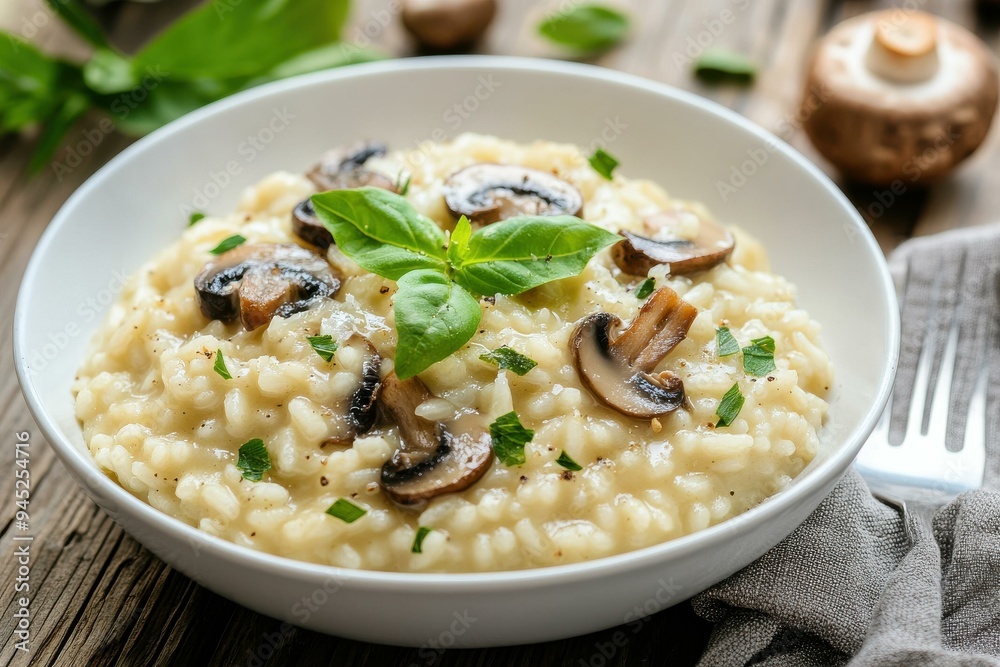 Creamy Mushroom Risotto with Fresh Basil on Rustic Wooden Table Creamy Mushroom Risotto with Fresh Basil on Rustic Wooden Table