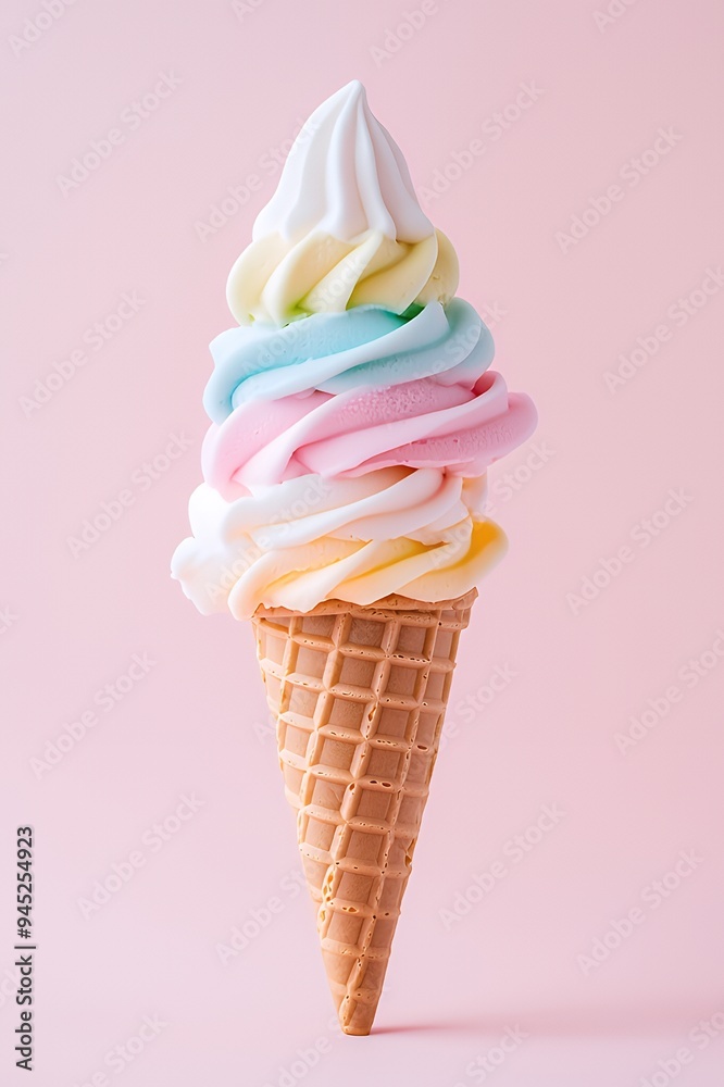 A colorful swirl of soft-serve ice cream in a waffle cone against a pastel pink background. A colorful swirl of soft-serve ice cream in a waffle cone against a pastel pink background.