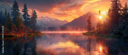 Serene Sunset at Mountain Lake - A Stunning Tranquil Scene of Nature's Beauty