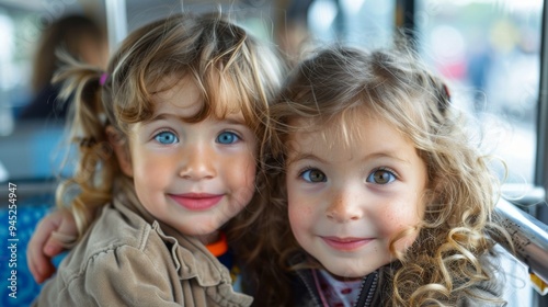 Two happy children on a bus