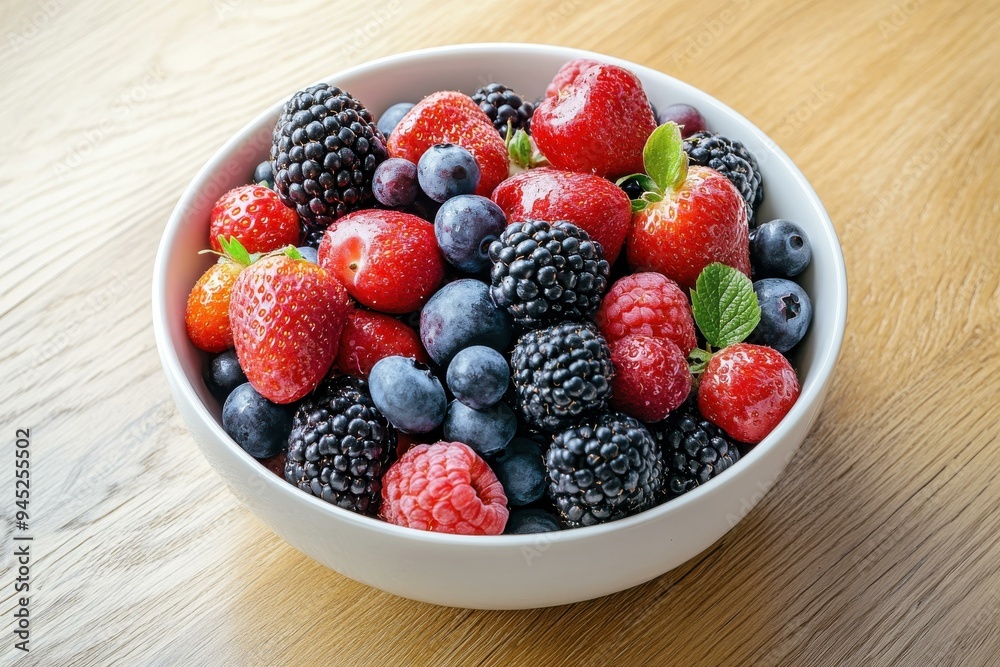 Vibrant Mixed Berry Bowl with Fresh Strawberries, Blueberries, and Blackberries for Healthy Lifestyle Promotion Vibrant Mixed Berry Bowl with Fresh Strawberries, Blueberries, and Blackberries for Healthy Lifestyle Promotion