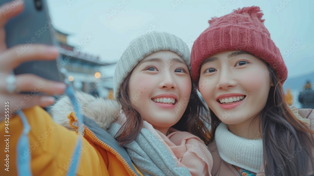 Two friends taking a selfie in winter Two friends taking a selfie in winter