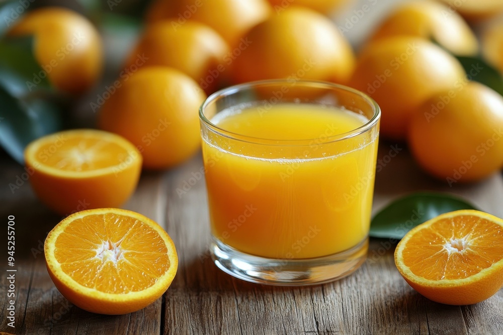Fresh Orange Juice in Glass with Sliced Oranges on Rustic Wooden Table Fresh Orange Juice in Glass with Sliced Oranges on Rustic Wooden Table