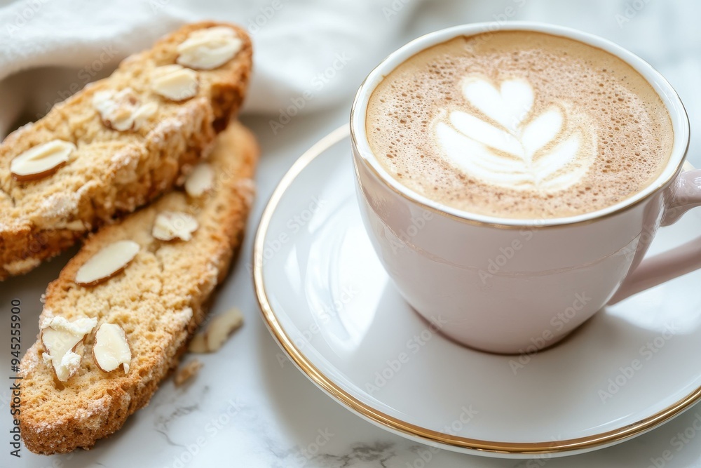 Delicious Almond Biscotti with Creamy Latte Art in Soft Pink Cup on Marble Background Delicious Almond Biscotti with Creamy Latte Art in Soft Pink Cup on Marble Background