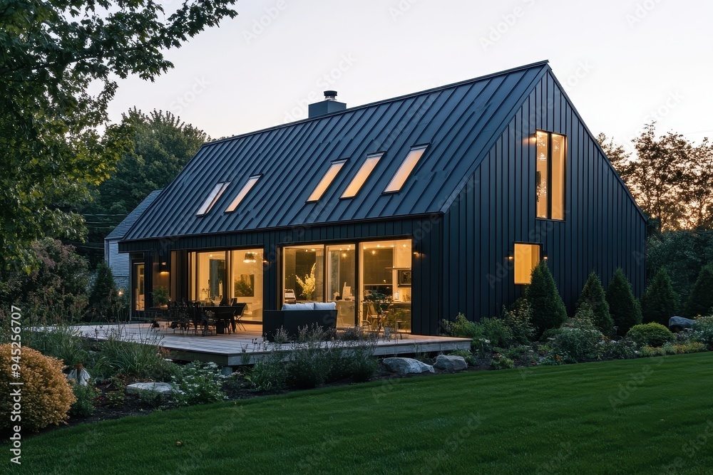 A modern black house with large windows and a surrounding garden at dusk.