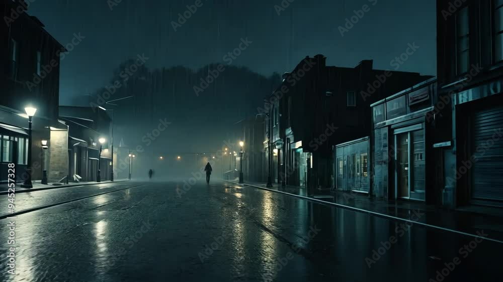 Video footage of dimly lit street at night with wet surfaces reflecting the sparse light, creating a moody and atmospheric scene