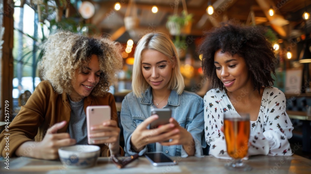 Group of friends using smartphones in a cafe Group of friends using smartphones in a cafe