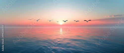 Serene Dawn Flight - Birds Soaring Over Calm Ocean Waters in the Early Morning Light