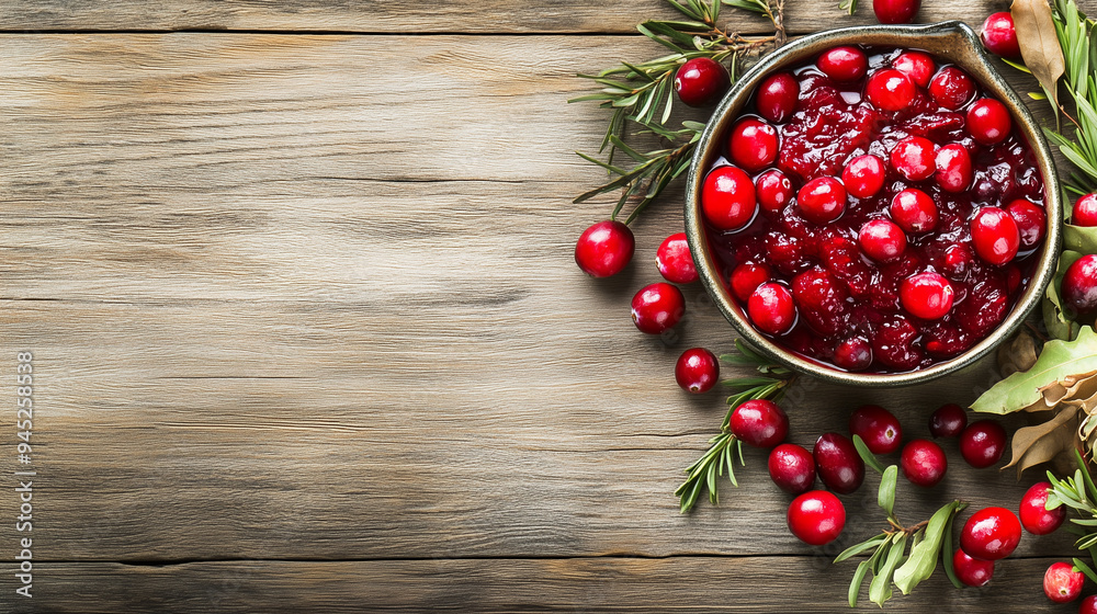 Cranberry Sauce in Rustic Bowl with Leaves and Sprigs on Wooden Surface with Copy Space Cranberry Sauce in Rustic Bowl with Leaves and Sprigs on Wooden Surface with Copy Space